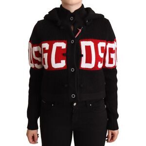 GCDS Black Cashmere Hooded Button Down Logo Cardigan Women's Jacket